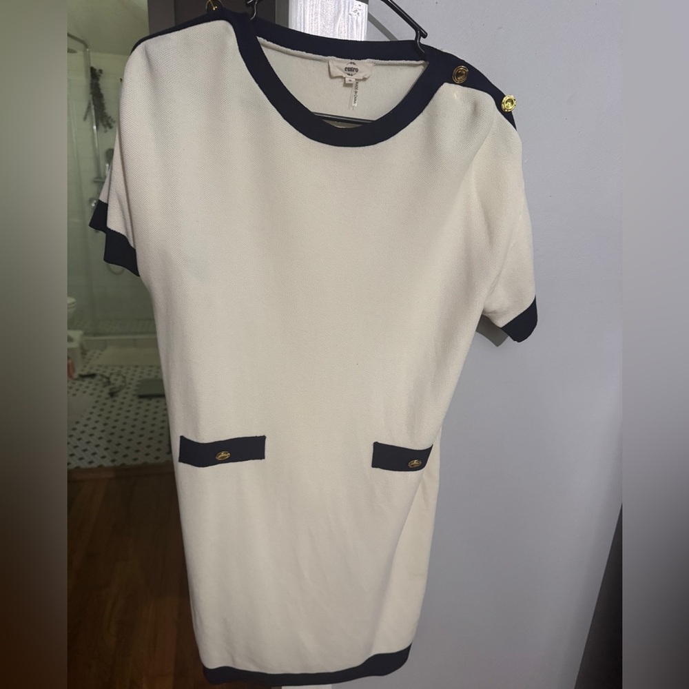 Chic Cream and Navy Dress with Gold Button Accents